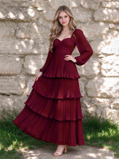 Sweetheart A-Line Long Sleeves Chiffon Tiered Pleated Wedding Guest Dress
