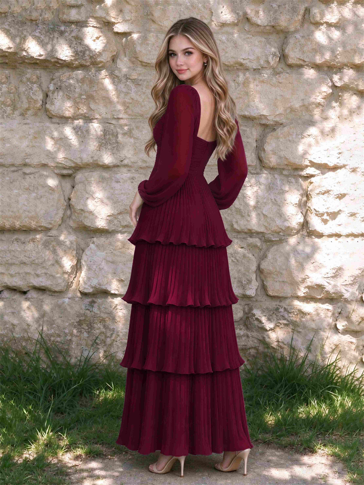 Sweetheart A-Line Long Sleeves Chiffon Tiered Pleated Wedding Guest Dress