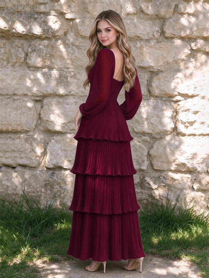 Sweetheart A-Line Long Sleeves Chiffon Tiered Pleated Wedding Guest Dress
