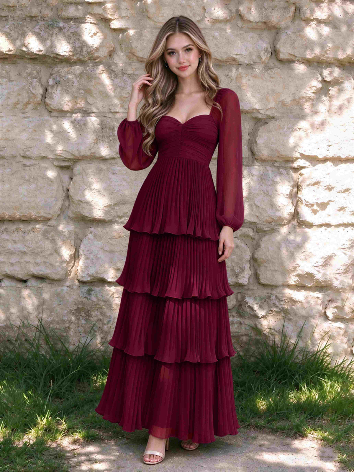 Sweetheart A-Line Long Sleeves Chiffon Tiered Pleated Wedding Guest Dress