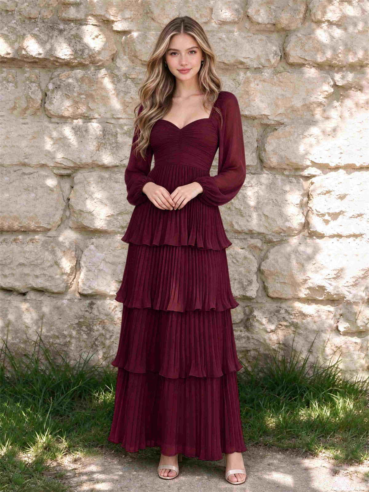 Sweetheart A-Line Long Sleeves Chiffon Tiered Pleated Wedding Guest Dress