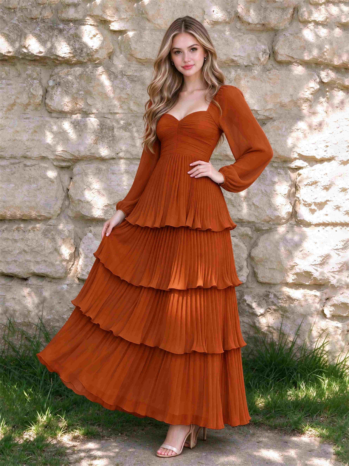 Sweetheart A-Line Long Sleeves Chiffon Tiered Pleated Wedding Guest Dress
