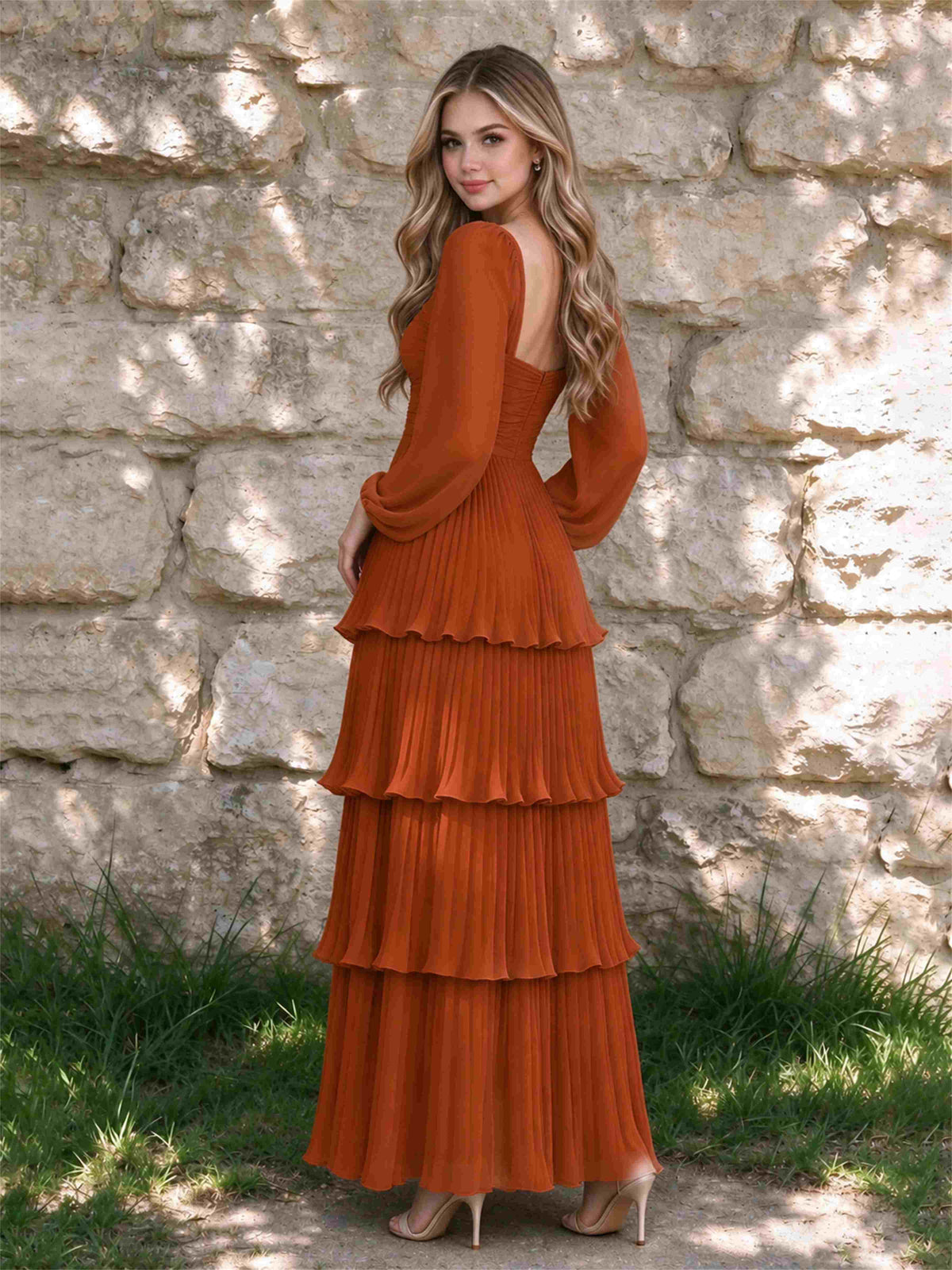 Sweetheart A-Line Long Sleeves Chiffon Tiered Pleated Wedding Guest Dress