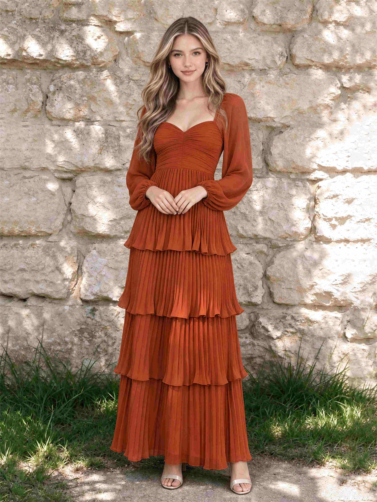 Sweetheart A-Line Long Sleeves Chiffon Tiered Pleated Wedding Guest Dress