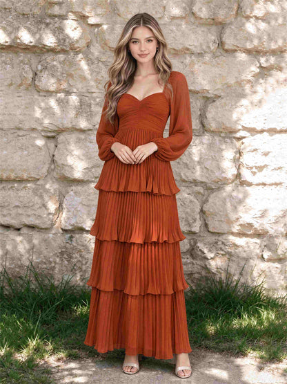 Sweetheart A-Line Long Sleeves Chiffon Tiered Pleated Wedding Guest Dress