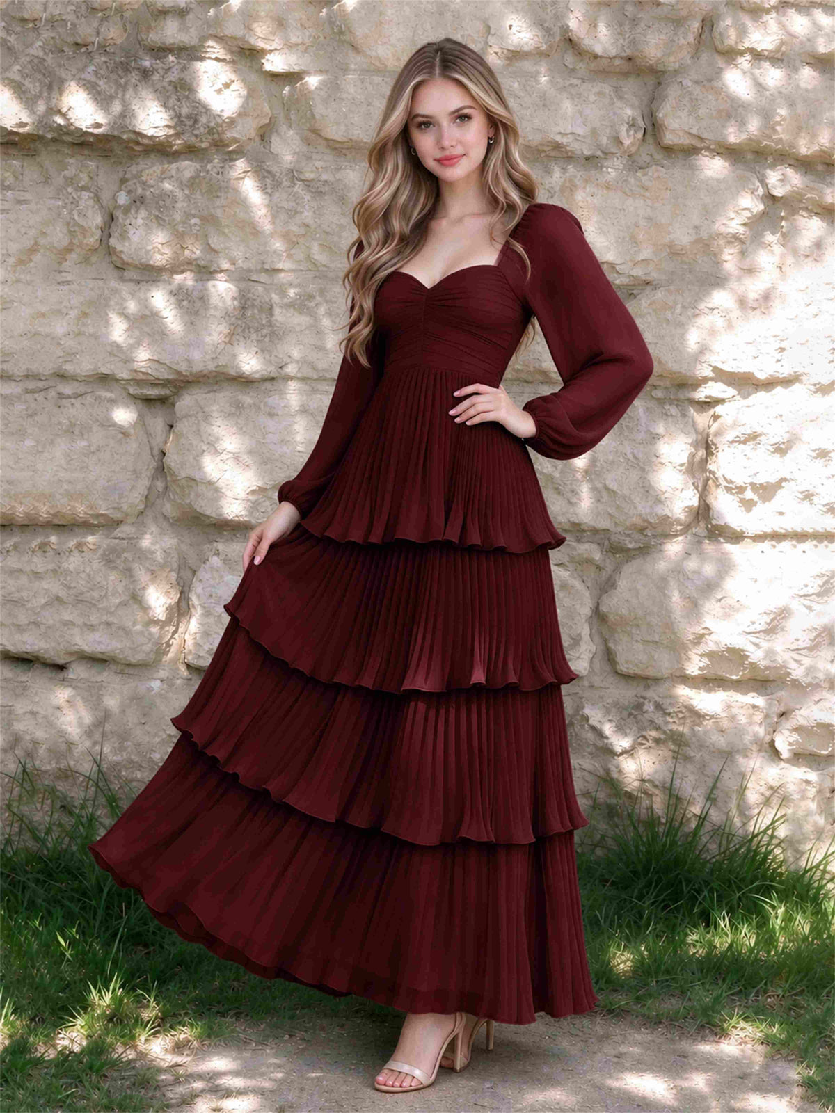 Sweetheart A-Line Long Sleeves Chiffon Tiered Pleated Wedding Guest Dress