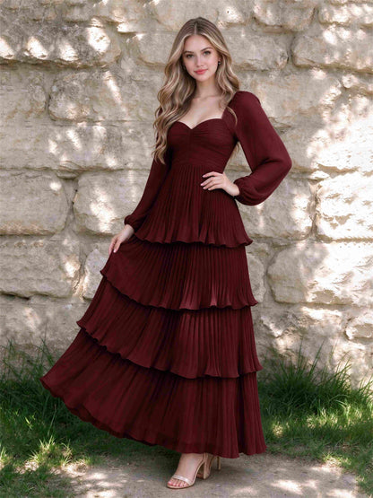 Sweetheart A-Line Long Sleeves Chiffon Tiered Pleated Wedding Guest Dress