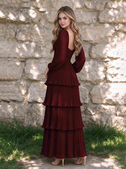Sweetheart A-Line Long Sleeves Chiffon Tiered Pleated Wedding Guest Dress