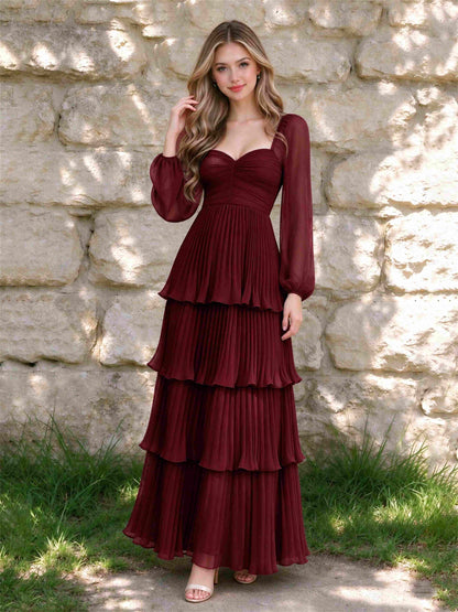 Sweetheart A-Line Long Sleeves Chiffon Tiered Pleated Wedding Guest Dress