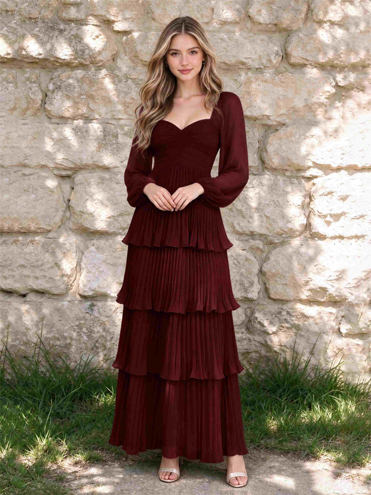Sweetheart A-Line Long Sleeves Chiffon Tiered Pleated Wedding Guest Dress