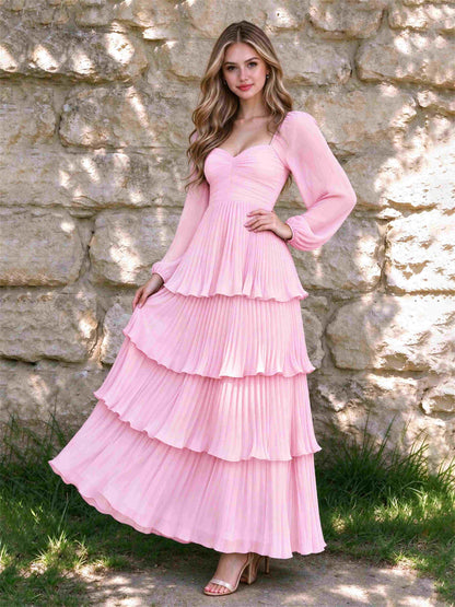 Sweetheart A-Line Long Sleeves Chiffon Tiered Pleated Wedding Guest Dress