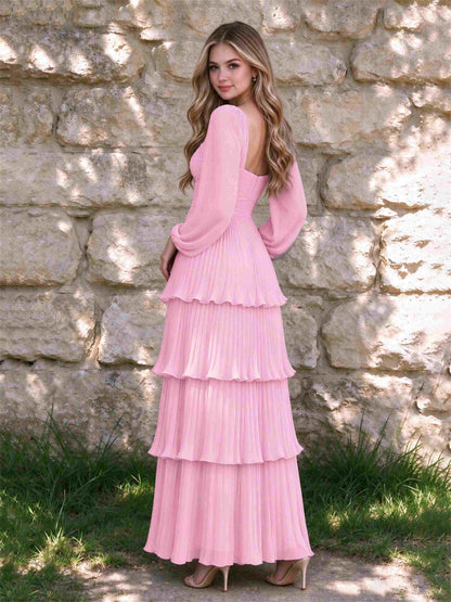 Sweetheart A-Line Long Sleeves Chiffon Tiered Pleated Wedding Guest Dress