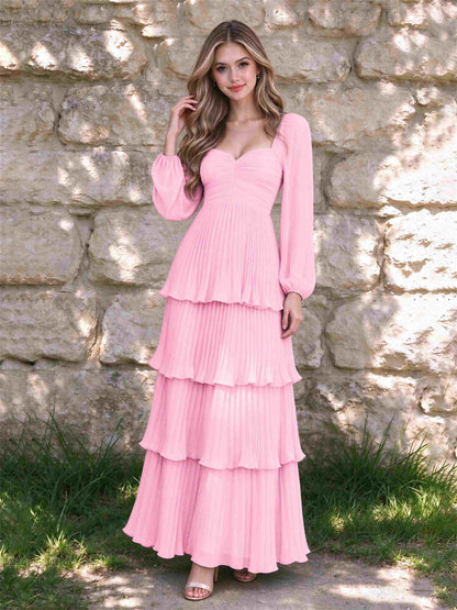 Sweetheart A-Line Long Sleeves Chiffon Tiered Pleated Wedding Guest Dress