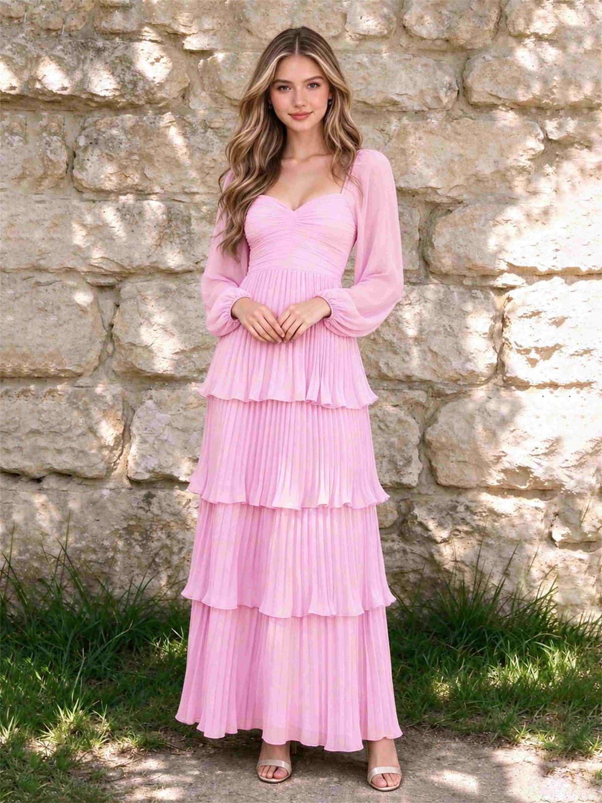 Sweetheart A-Line Long Sleeves Chiffon Tiered Pleated Wedding Guest Dress