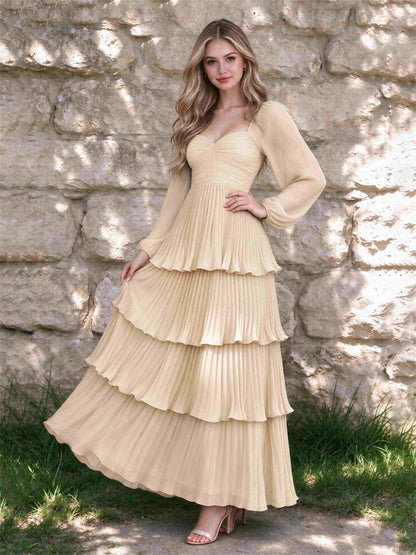 Sweetheart A-Line Long Sleeves Chiffon Tiered Pleated Wedding Guest Dress