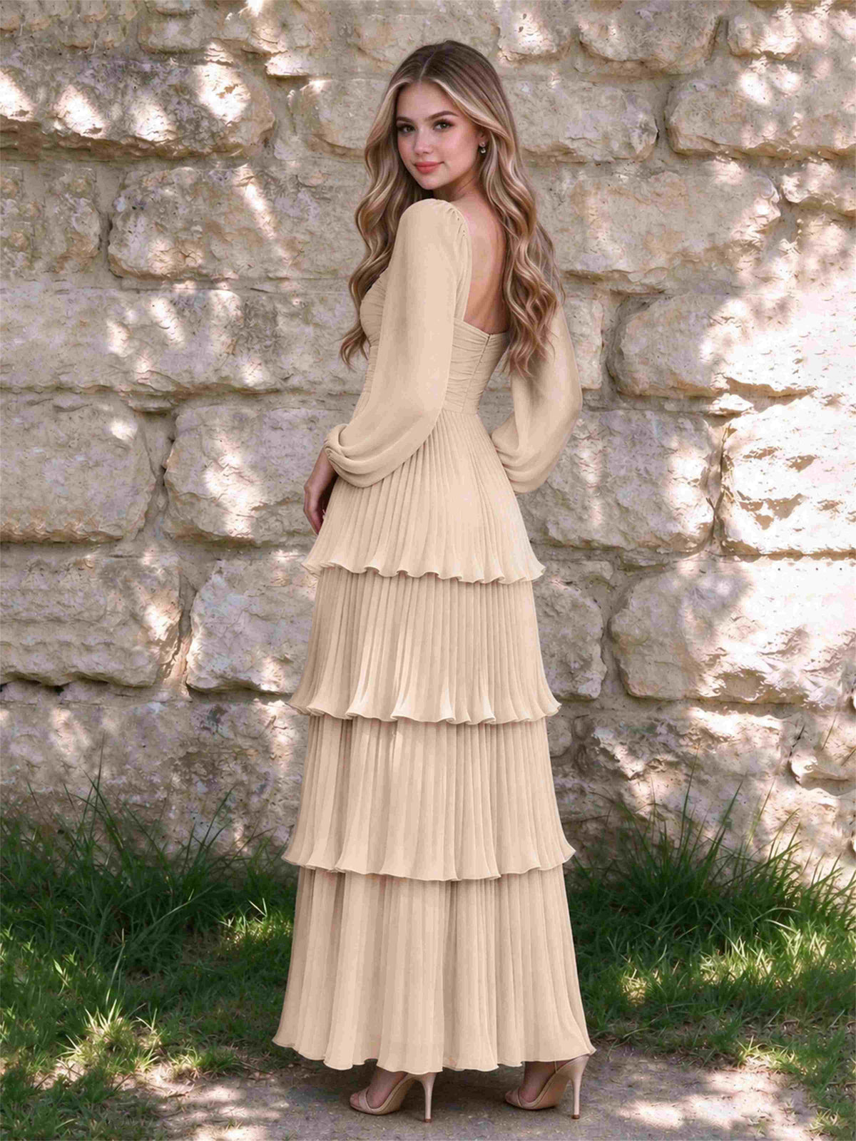 Sweetheart A-Line Long Sleeves Chiffon Tiered Pleated Wedding Guest Dress