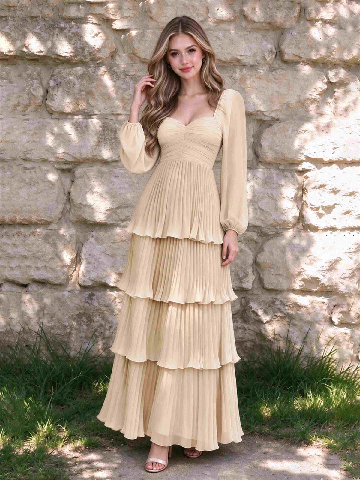Sweetheart A-Line Long Sleeves Chiffon Tiered Pleated Wedding Guest Dress