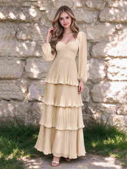 Sweetheart A-Line Long Sleeves Chiffon Tiered Pleated Wedding Guest Dress