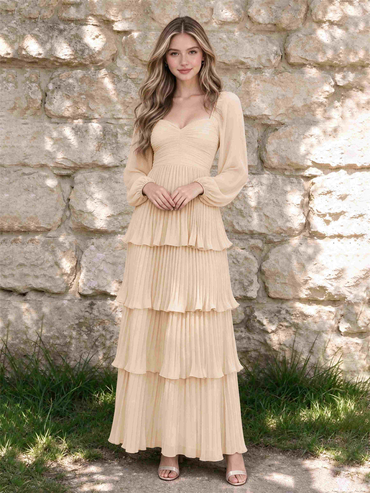 Sweetheart A-Line Long Sleeves Chiffon Tiered Pleated Wedding Guest Dress