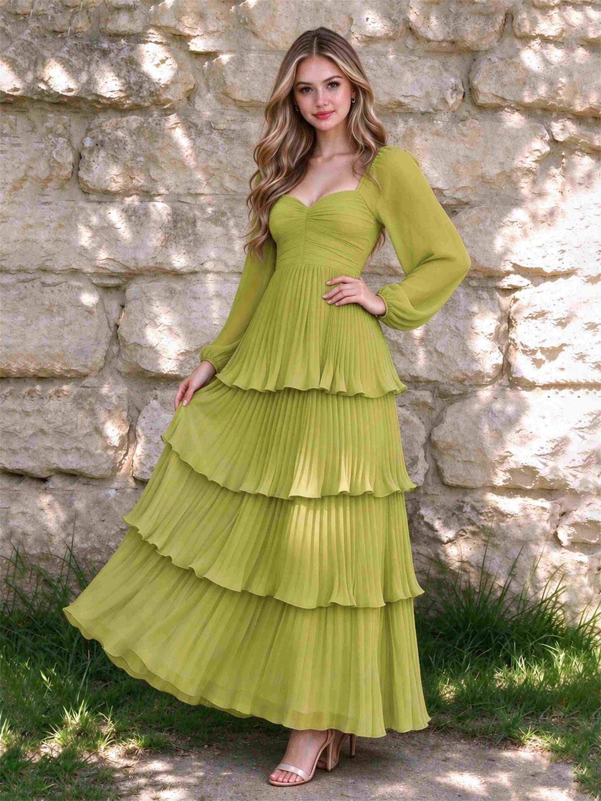 Sweetheart A-Line Long Sleeves Chiffon Tiered Pleated Wedding Guest Dress