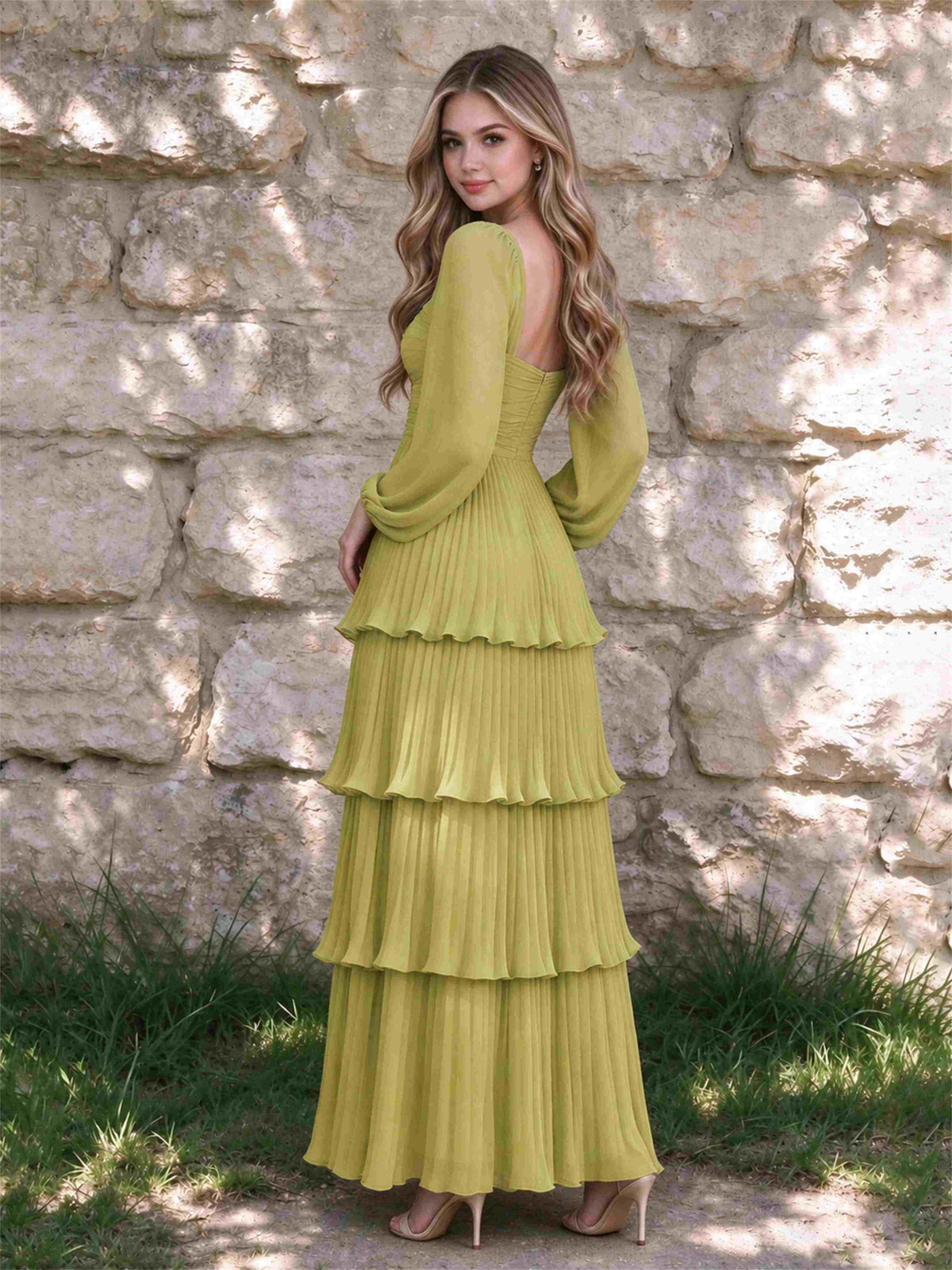 Sweetheart A-Line Long Sleeves Chiffon Tiered Pleated Wedding Guest Dress