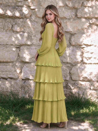 Sweetheart A-Line Long Sleeves Chiffon Tiered Pleated Wedding Guest Dress