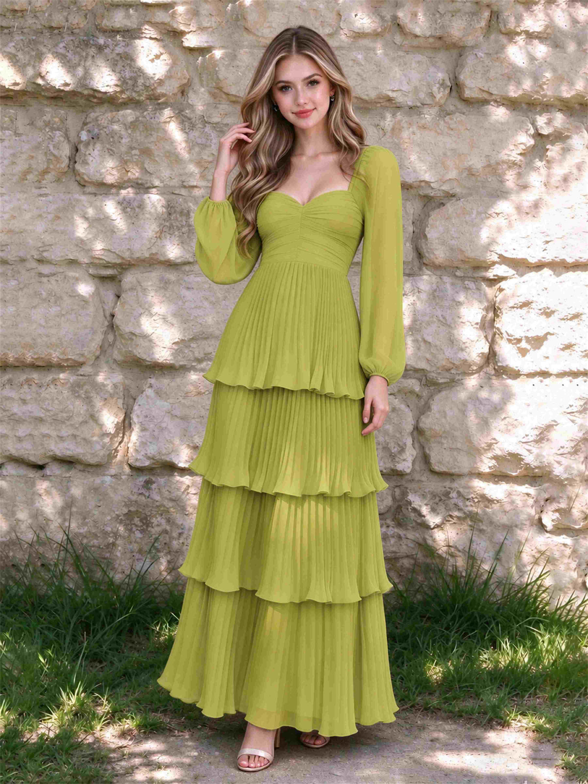 Sweetheart A-Line Long Sleeves Chiffon Tiered Pleated Wedding Guest Dress