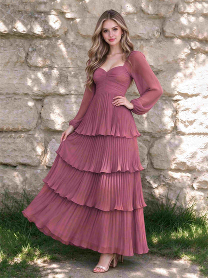 Sweetheart A-Line Long Sleeves Chiffon Tiered Pleated Wedding Guest Dress