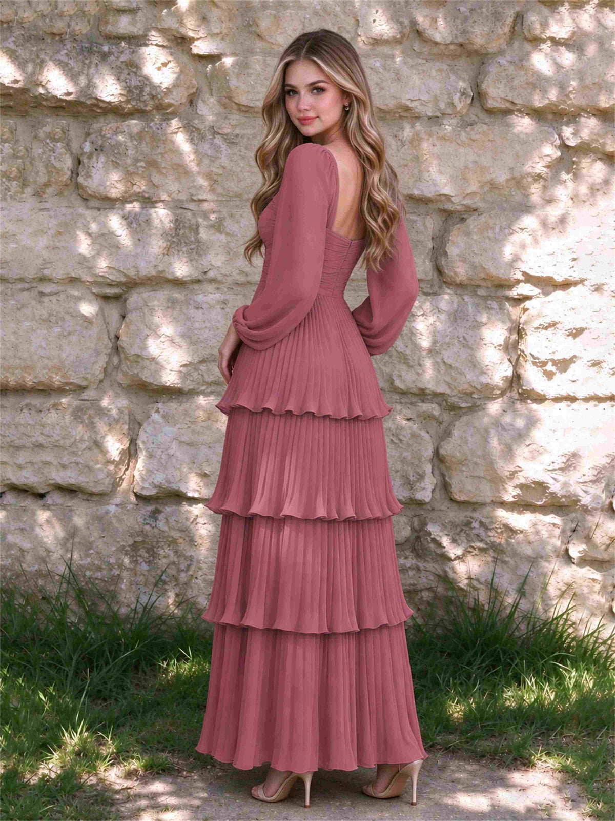 Sweetheart A-Line Long Sleeves Chiffon Tiered Pleated Wedding Guest Dress