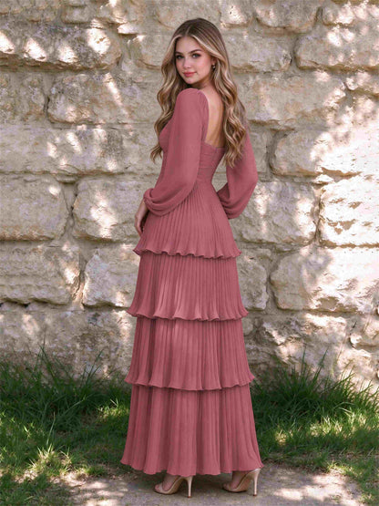 Sweetheart A-Line Long Sleeves Chiffon Tiered Pleated Wedding Guest Dress