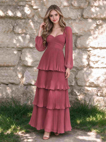 Sweetheart A-Line Long Sleeves Chiffon Tiered Pleated Wedding Guest Dress
