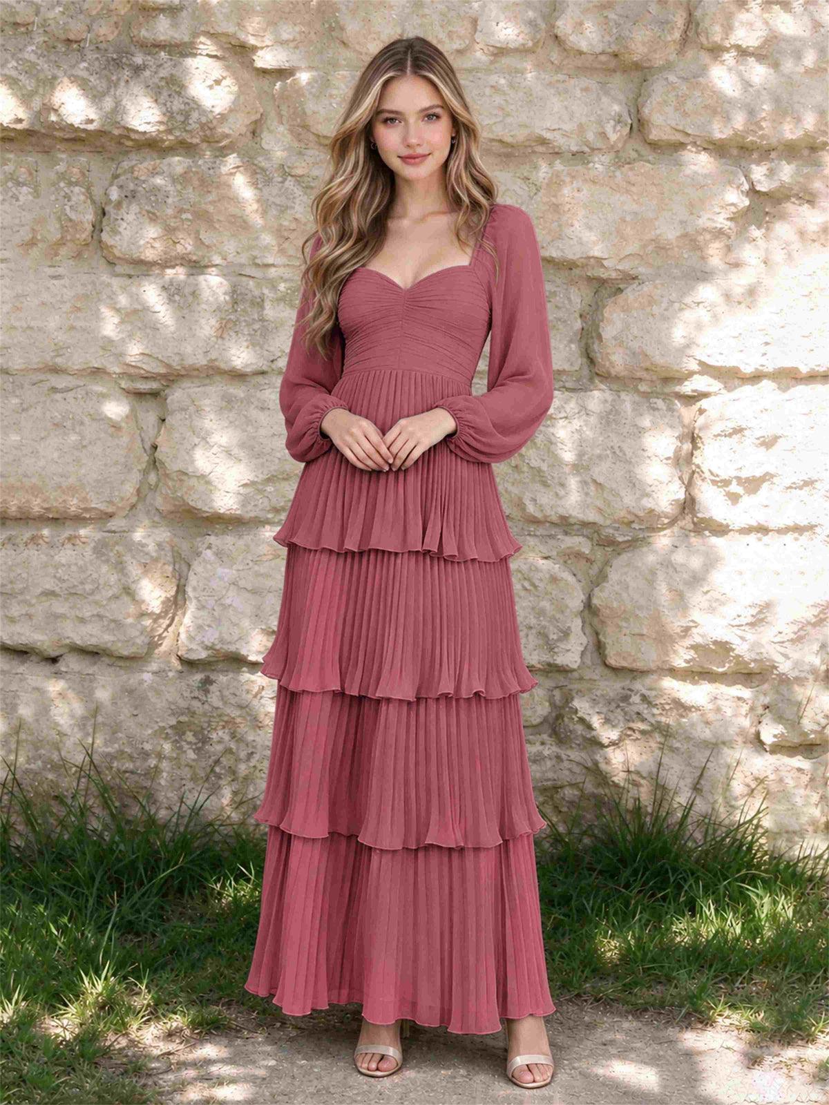 Sweetheart A-Line Long Sleeves Chiffon Tiered Pleated Wedding Guest Dress