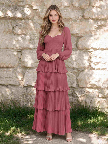 Sweetheart A-Line Long Sleeves Chiffon Tiered Pleated Wedding Guest Dress