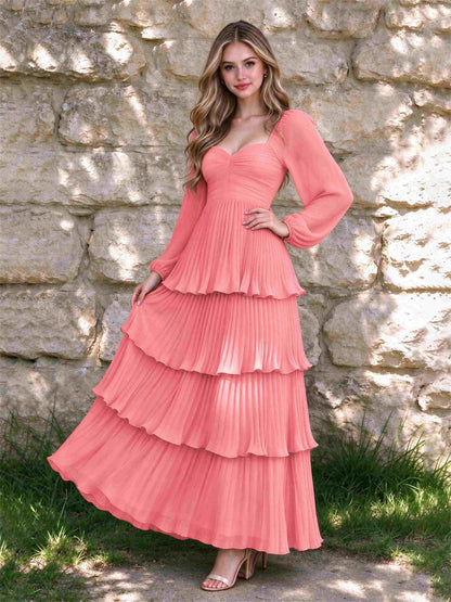Sweetheart A-Line Long Sleeves Chiffon Tiered Pleated Wedding Guest Dress
