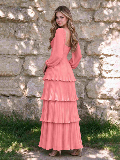 Sweetheart A-Line Long Sleeves Chiffon Tiered Pleated Wedding Guest Dress