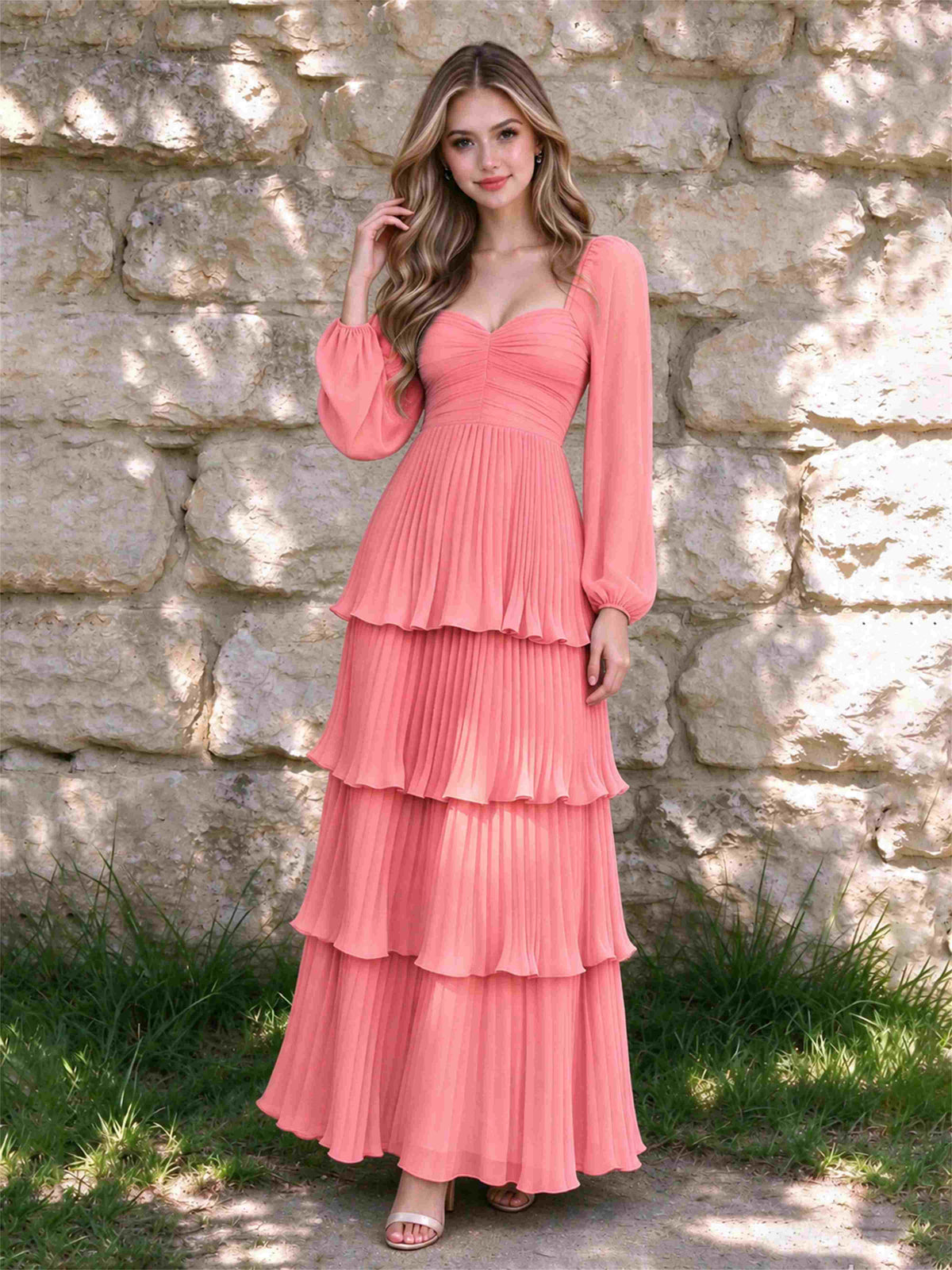 Sweetheart A-Line Long Sleeves Chiffon Tiered Pleated Wedding Guest Dress