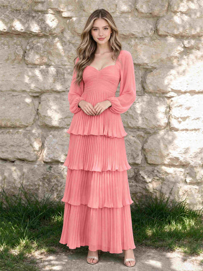 Sweetheart A-Line Long Sleeves Chiffon Tiered Pleated Wedding Guest Dress