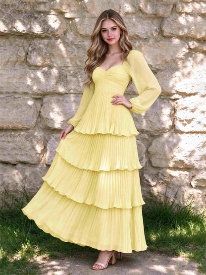 Sweetheart A-Line Long Sleeves Chiffon Tiered Pleated Wedding Guest Dress