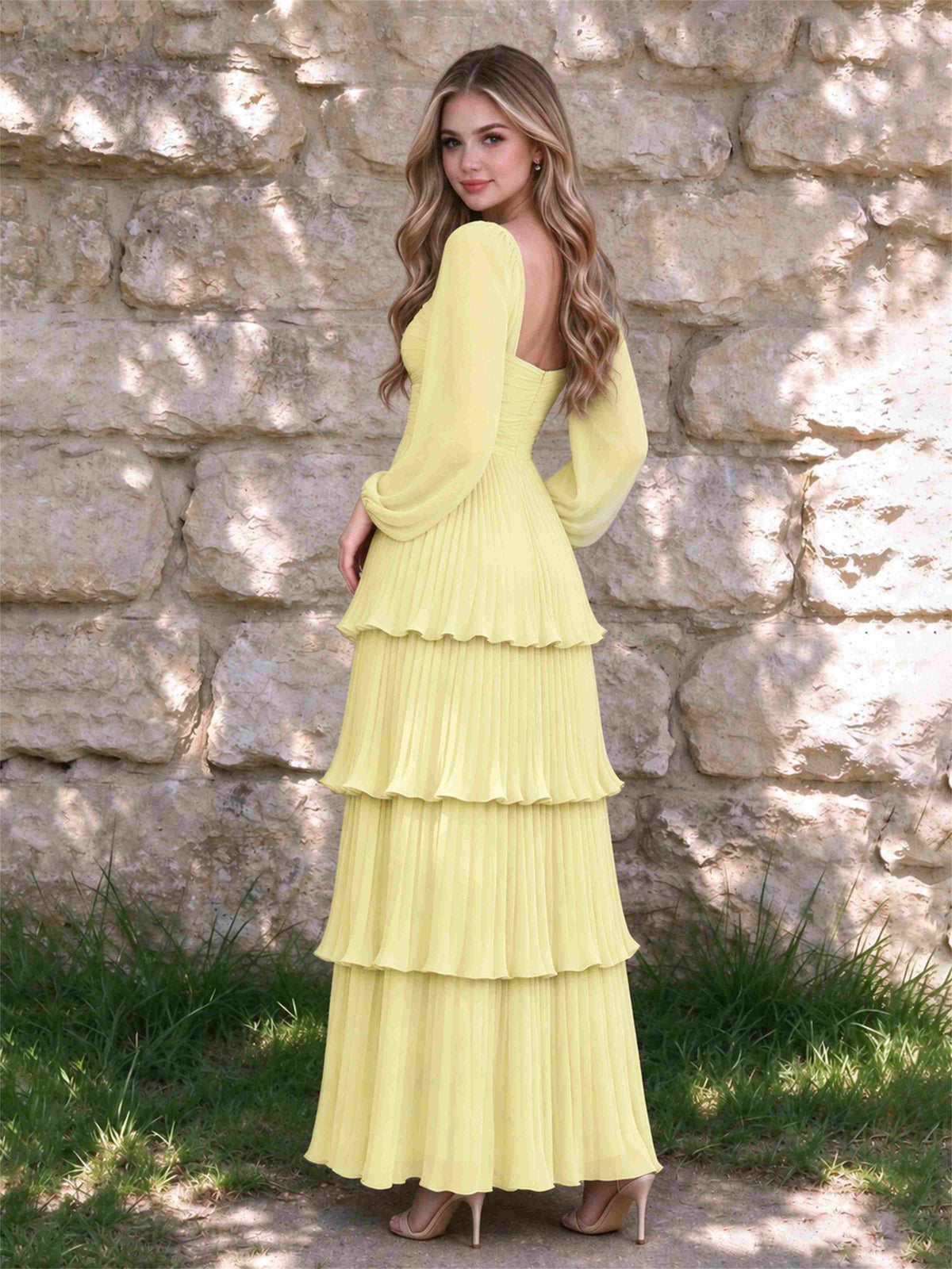 Sweetheart A-Line Long Sleeves Chiffon Tiered Pleated Wedding Guest Dress