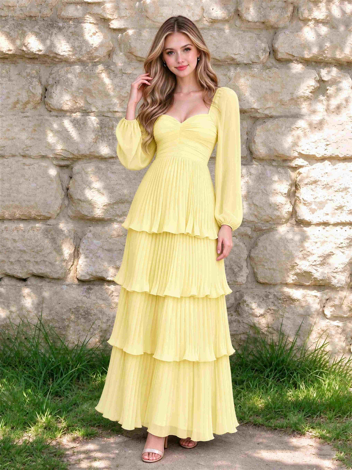 Sweetheart A-Line Long Sleeves Chiffon Tiered Pleated Wedding Guest Dress