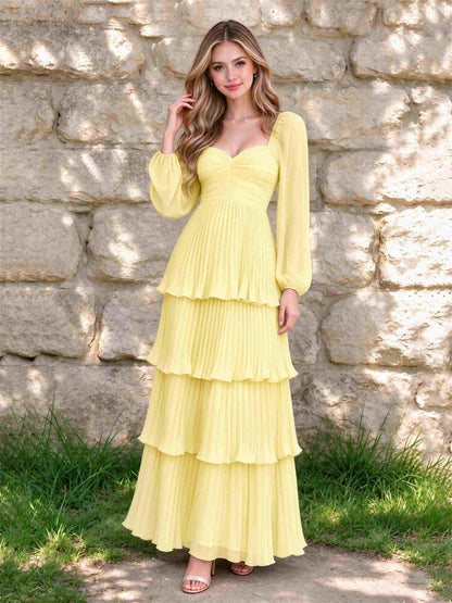 Sweetheart A-Line Long Sleeves Chiffon Tiered Pleated Wedding Guest Dress