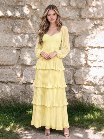 Sweetheart A-Line Long Sleeves Chiffon Tiered Pleated Wedding Guest Dress