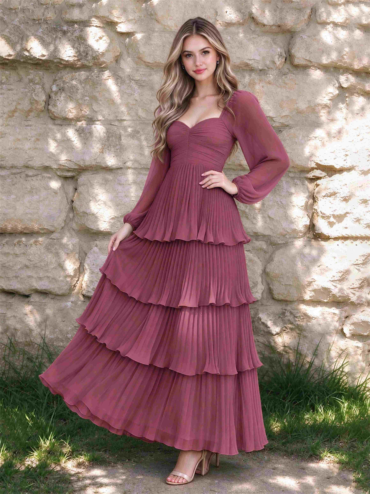 Sweetheart A-Line Long Sleeves Chiffon Tiered Pleated Wedding Guest Dress