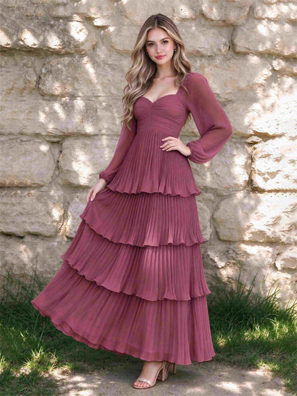 Sweetheart A-Line Long Sleeves Chiffon Tiered Pleated Wedding Guest Dress