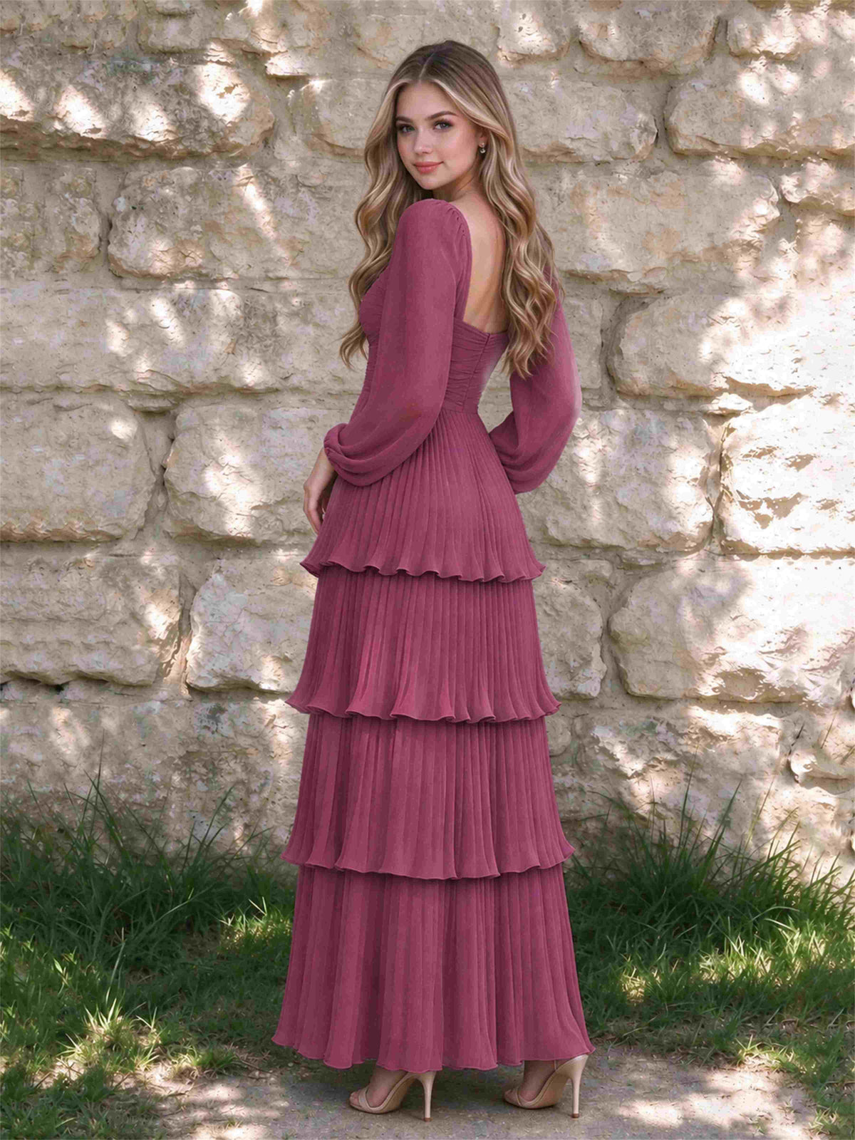 Sweetheart A-Line Long Sleeves Chiffon Tiered Pleated Wedding Guest Dress
