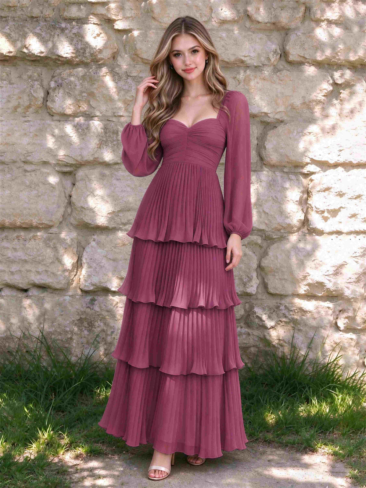Sweetheart A-Line Long Sleeves Chiffon Tiered Pleated Wedding Guest Dress
