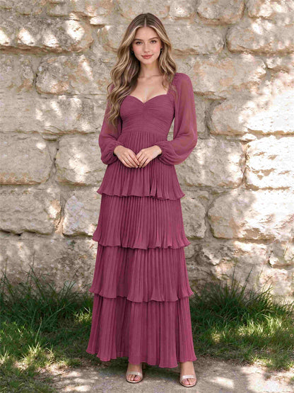 Sweetheart A-Line Long Sleeves Chiffon Tiered Pleated Wedding Guest Dress