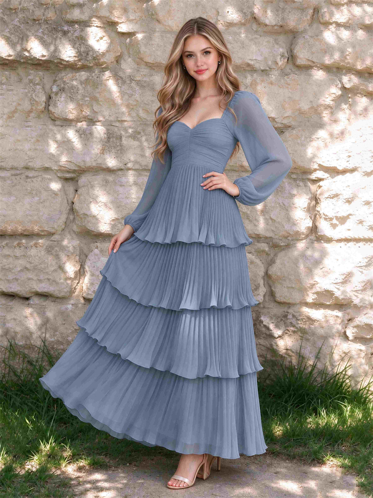 Sweetheart A-Line Long Sleeves Chiffon Tiered Pleated Wedding Guest Dress