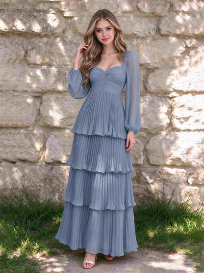 Sweetheart A-Line Long Sleeves Chiffon Tiered Pleated Wedding Guest Dress