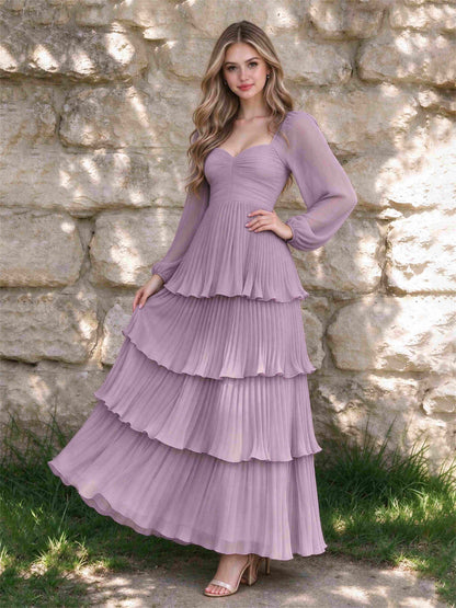 Sweetheart A-Line Long Sleeves Chiffon Tiered Pleated Wedding Guest Dress